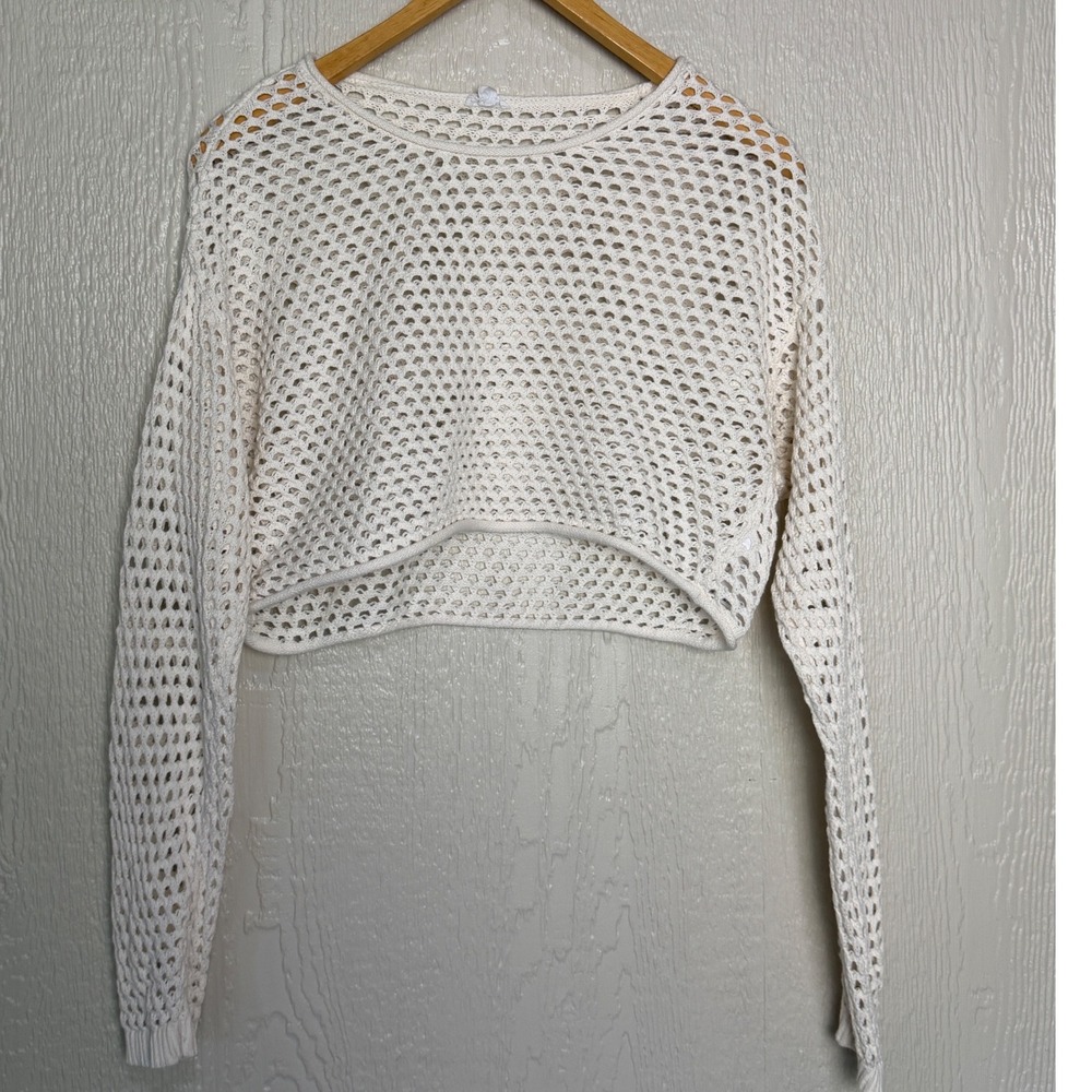 Garage Womens Cream Open Knit Crochet Crop Sweater Cotton Festival Summer EUC